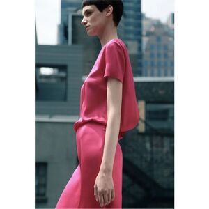 Cedric Charlier Women’s Fuchsia Pink Silk Satin Short Sleeve Sheath Dress Size 6